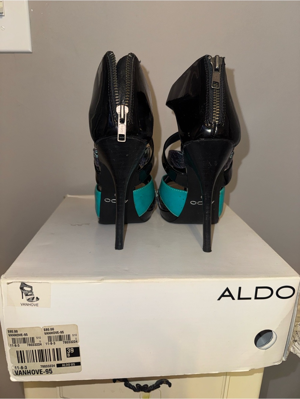 Aldo VANHOVE Teal, Black & Purple Snake-Print Strappy High Heel Sandals 8.5 - Picture 3 of 6